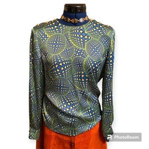 ESCADA Silk Disco Ball Long Sleeve Blouse Blue and Green Vintage